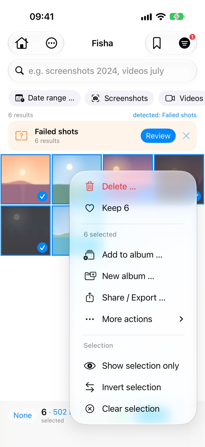 Actions menu with album, share and delete