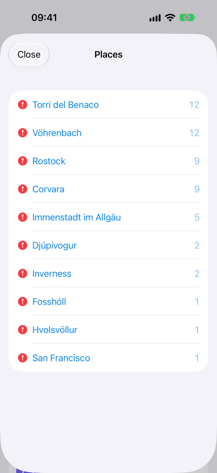 List of places in your photos with counts