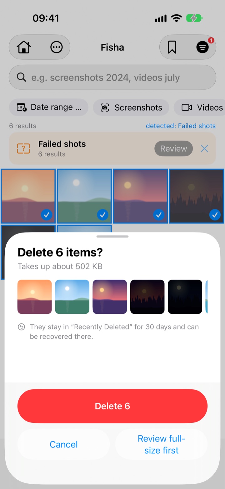 Delete confirmation with count, size and thumbnails