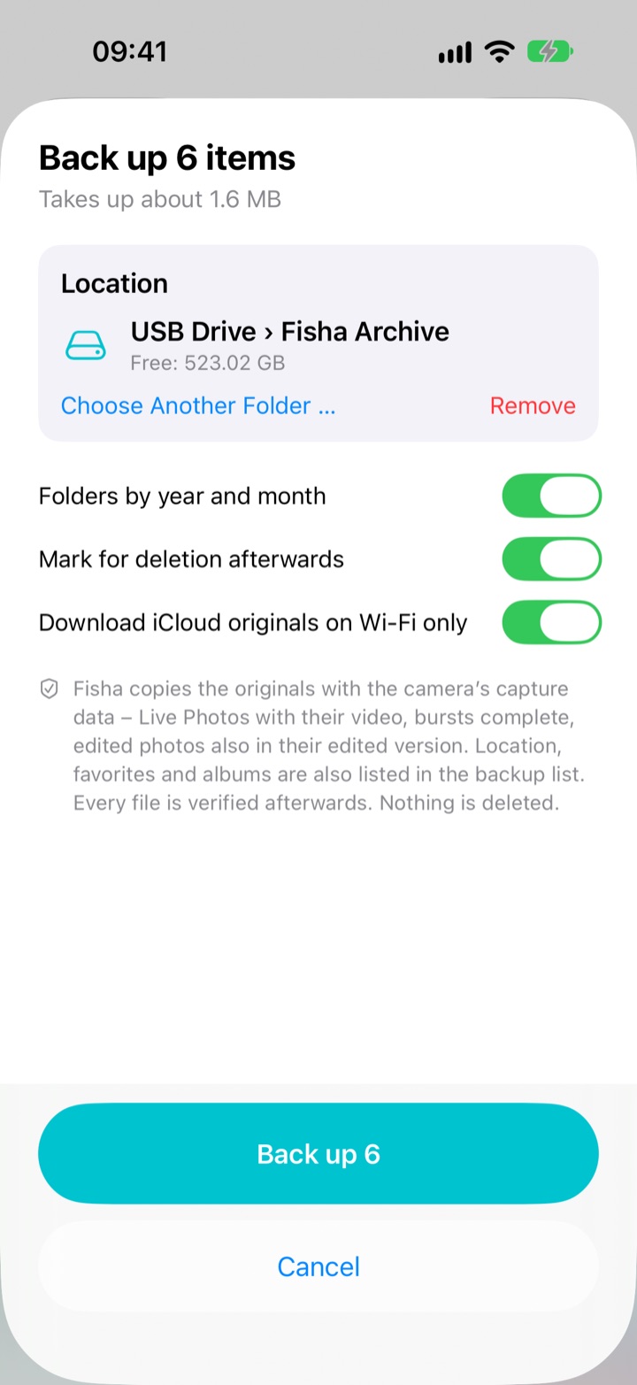 Back-up screen with the location USB Drive