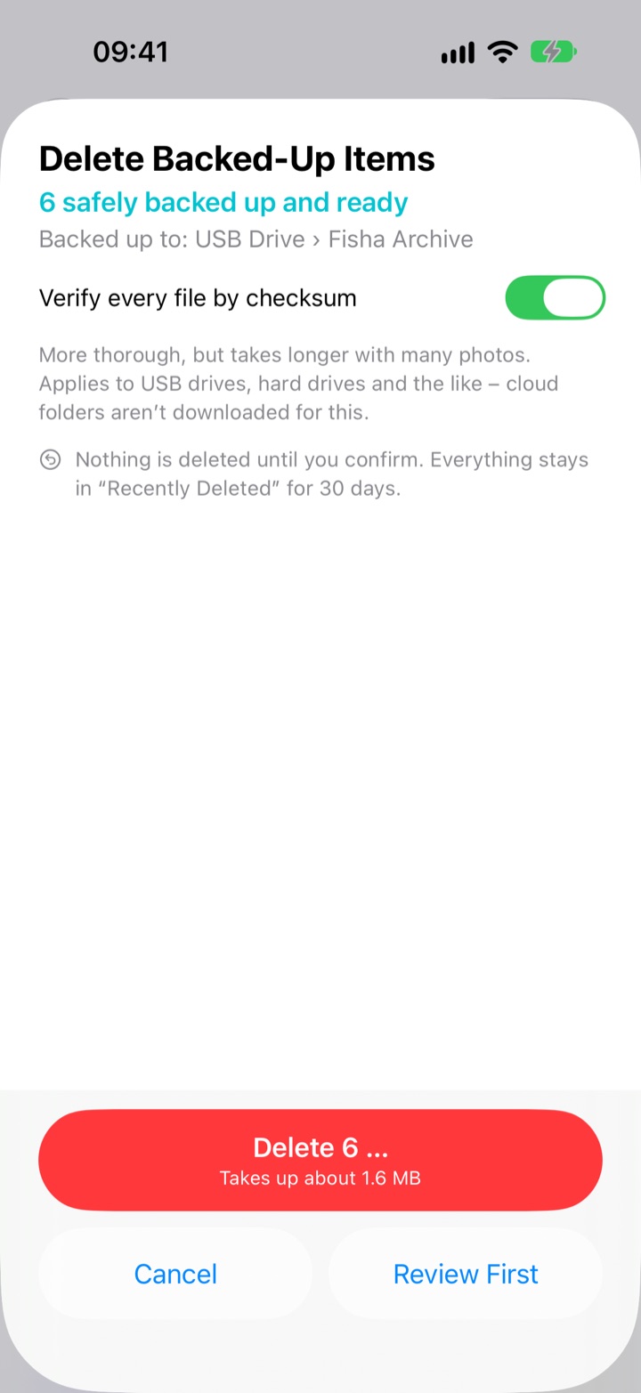Delete run: six items safely backed up and ready