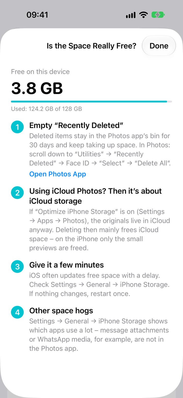 Is the space really free: 3.8 GB of 128 GB free and four steps