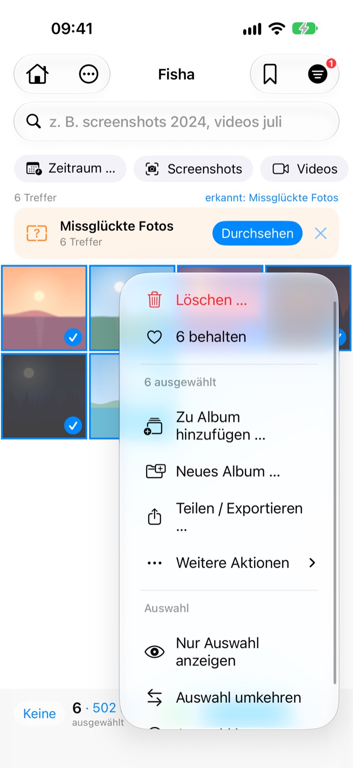 Aktionsmenü mit Album, Teilen und Löschen