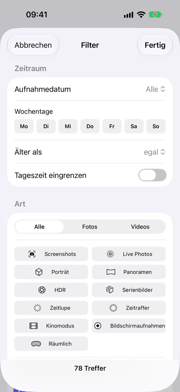 Filter mit Zeitraum, Medienart, Größe und mehr