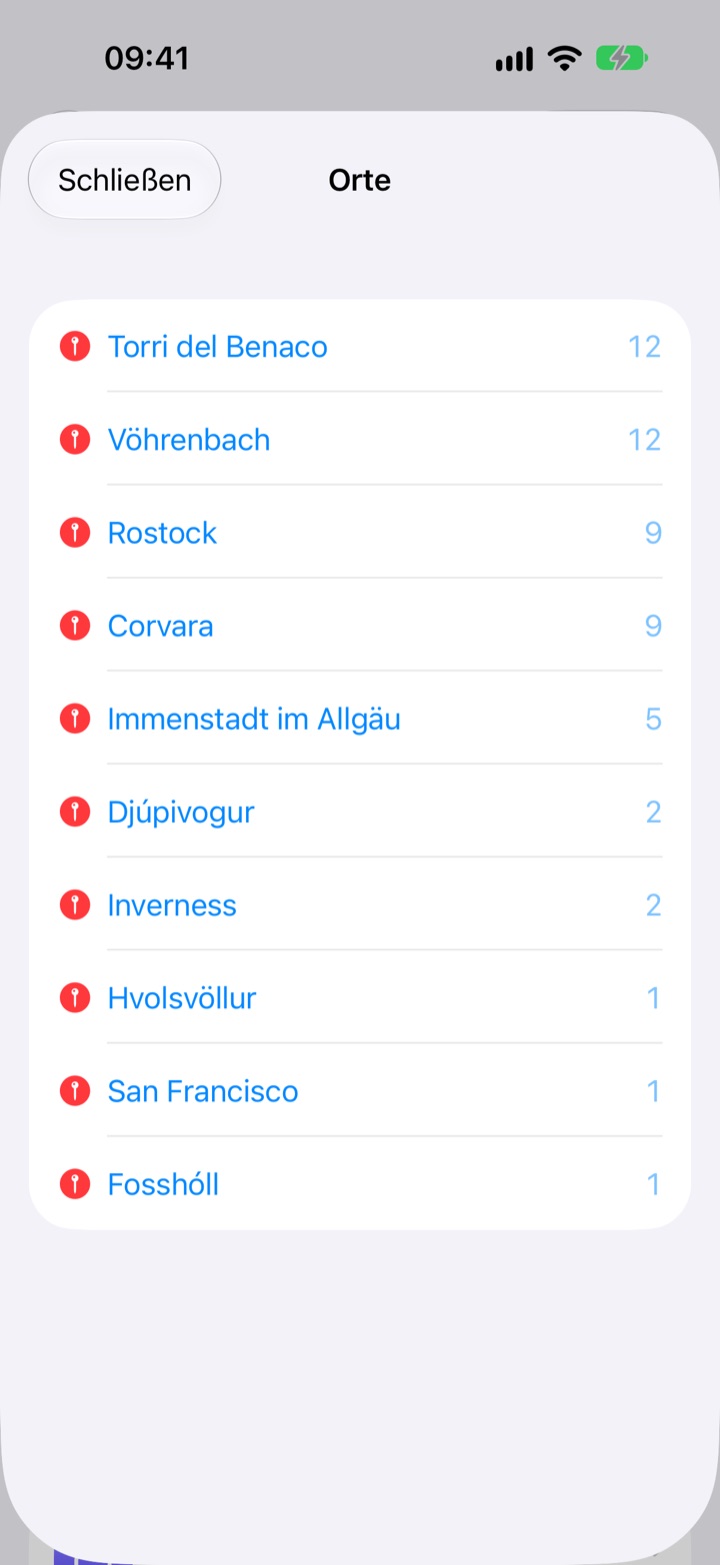 Liste der Orte aus deinen Fotos mit Anzahl