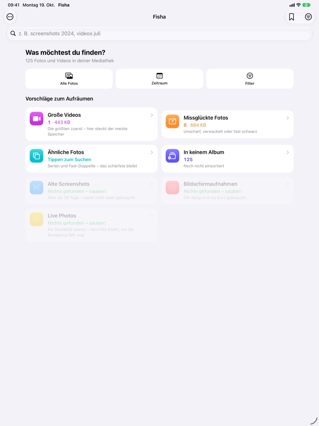 Fisha auf dem iPad: Startseite mit Vorschlägen zum Aufräumen