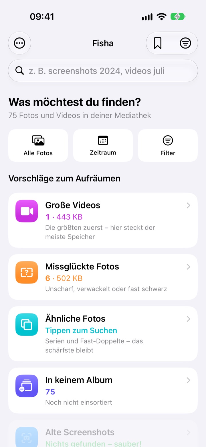 Fisha-Startseite mit Vorschlägen zum Aufräumen