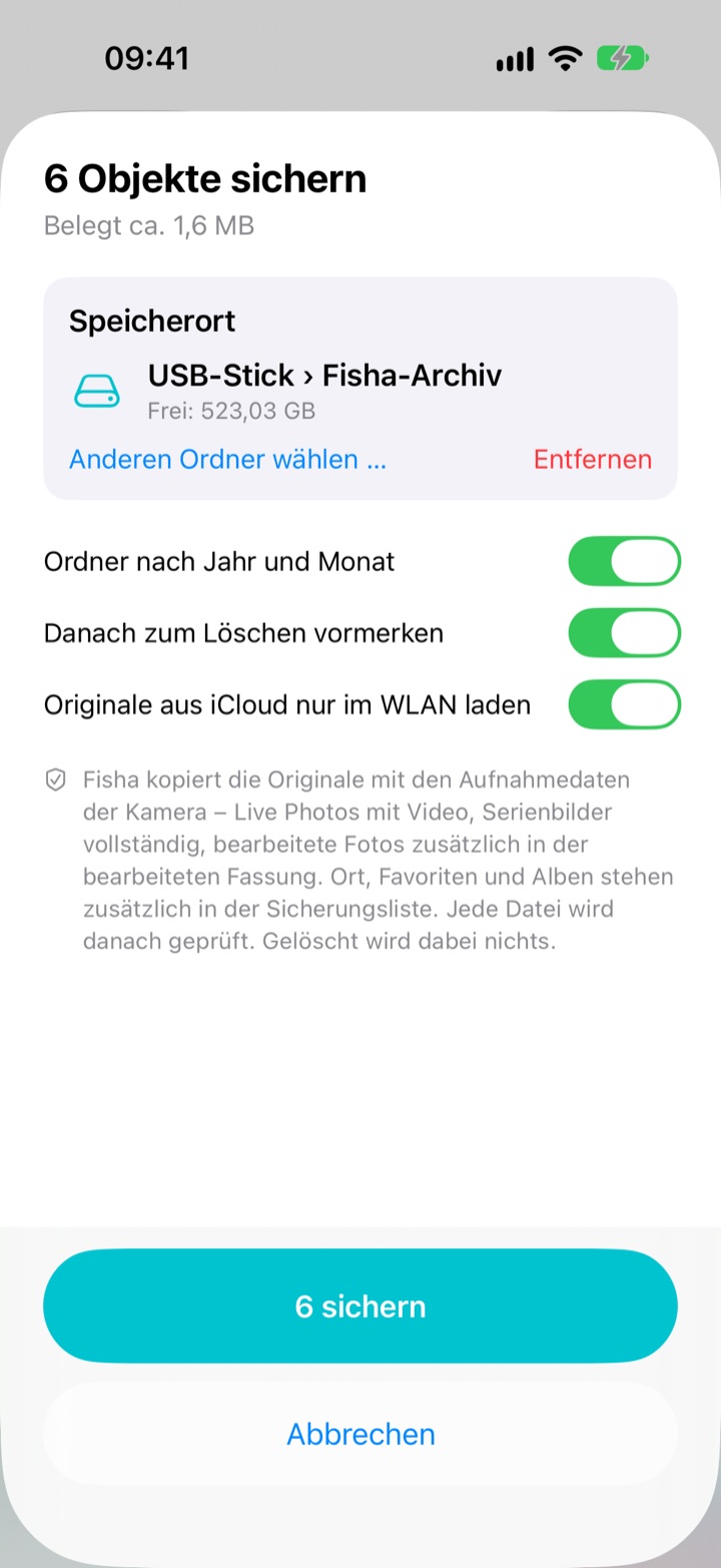 Sichern-Seite mit Speicherort USB-Stick