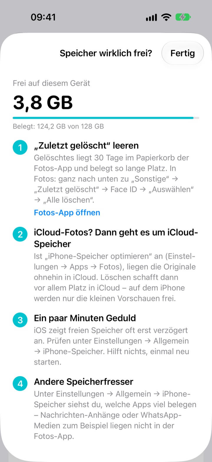 Speicher wirklich frei: 3,8 GB von 128 GB frei und vier Schritte
